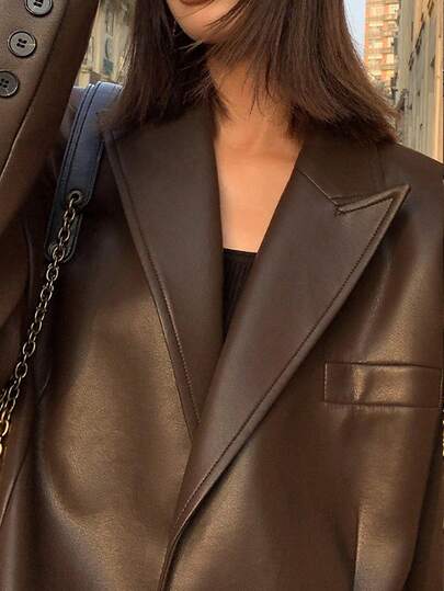 Women's New Brown Loose Retro Classic PU Leather Blazer Jacket, Suitable For Spring And Autumn Wear. Suitable For Various Formal Occasions Such As Christmas, Parties, Stage Performances, Dates, Weddings And Other Events.