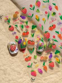 1 Sheet Farmhouse Style Nail Art Stickers, Featuring Strawberry, Cherry, Carrot, Eggplant, Mushroom, Broccoli, Tulip And Small Flowers, Fresh And Cute Style, Full Of Playfulness And Vitality, Suitable For Spring And Summer Nails - Multicolor - View 5