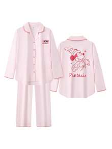 2pcs Disney Magic Mickey Mouse Print Cotton Pajama Set, Long Sleeve, Pink, Couple Sleepwear, Spring/Autumn - Pink - View 10