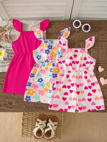 3pcs Baby Girls' Summer Fashion Heart Print + Floral Print + Solid Ribbed Ruffle Sleeve Romper Outfit, Suitable For Outdoor Wear - Multicolor - View 2