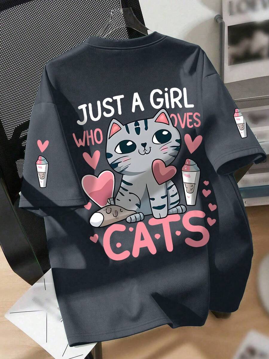 Kaos Lengan Pendek Leher Bulat Motif Kartun Kucing & Hati untuk Anak Perempuan, Atasan Kasual Lembut untuk Musim Panas - Dark Grey - View 1