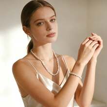 1 Necklace + 1 Bracelet Set, Fashionable Faux Pearl Beaded Jewelry Set For Women - A - View 12