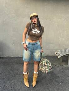 Y2K Vintage Washed Distressed Wide Leg Jeans With Pockets, Casual Daily Denim Pants Summer - Blue - View 4