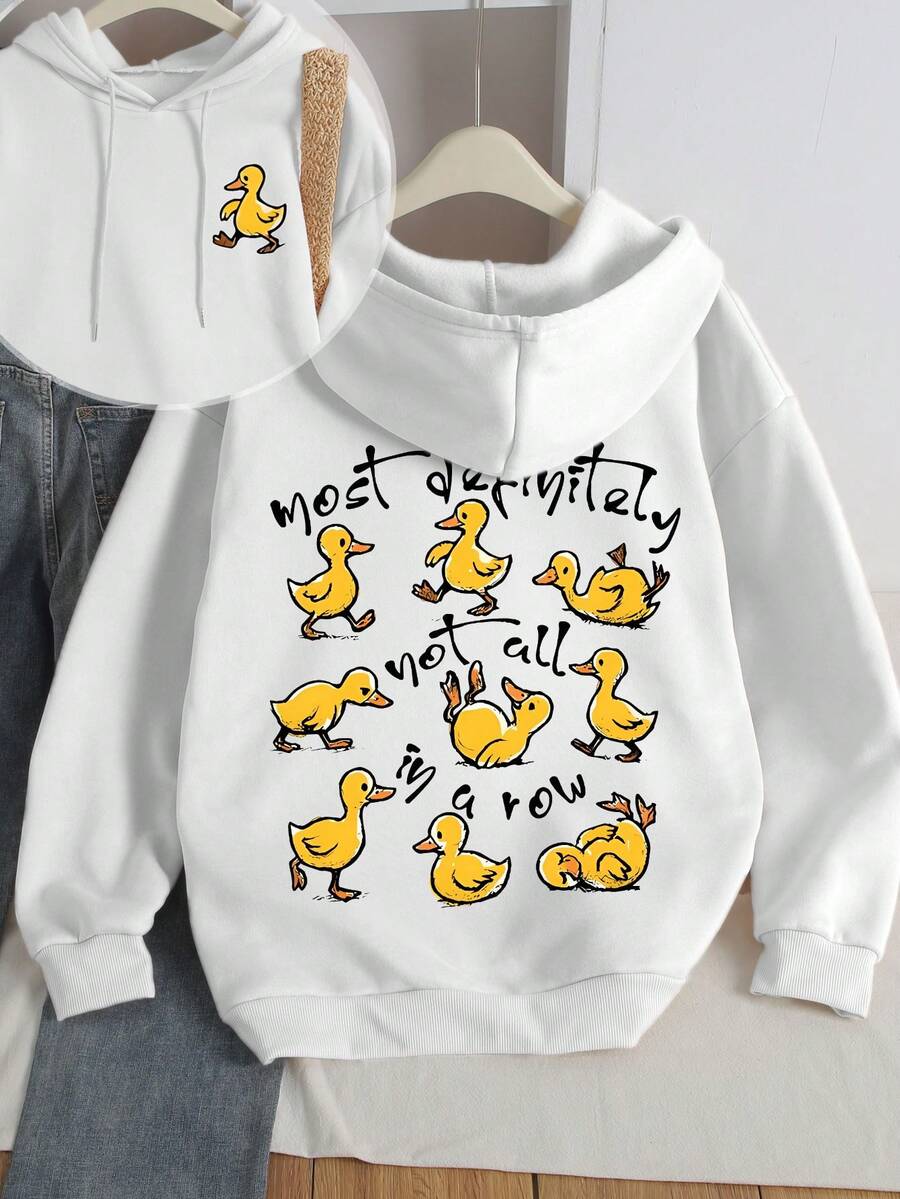 女士休闲趣味黄色小鸭印花卫衣，简约优雅长袖上衣，大码女士连帽卫衣，抽绳口袋纯色卫衣，滑稽小鸭图案卫衣，讽刺卫衣，幽默讽刺卫衣，可爱趣味小鸭卫衣，心理健康卫衣，励志卫衣 白色春季款 - 白色 - 查看 1