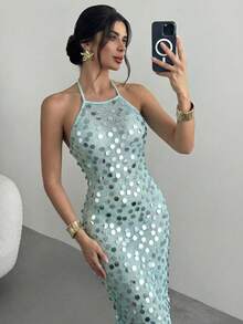 女士亮片露背连衣裙，优雅性感透视沙滩度假露背亮片拼接连衣裙，适合晚宴约会、夏季度假派对 - 淺藍色 - 查看 4