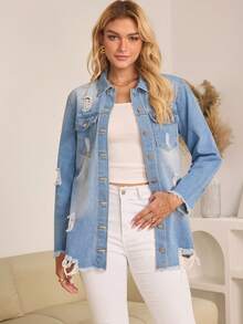 Women's Denim Jacket American Retro Ripped Design Denim Shirt Jacket Early Autumn Wear - Light Wash - View 3