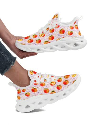 夏季水果图案加大码女式宽楦桃橙印花轻便跑步运动鞋，透气系带休闲运动鞋，男女皆宜