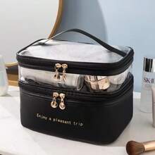 BAGCO Bolsa de cosméticos de doble capa, bolsa de cosméticos de viaje, bolsa de cosméticos impermeable de gran capacidad, caja de almacenamiento superior transparente, accesorio de viaje para mujer. - Negro - Ver 9
