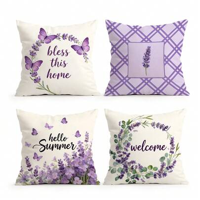 4pcs Purple Floral & Leaf Text Pattern Pillow Cover, Single-Sided Printed Cushion Cover, Suitable For Living Room, Bedroom, Home Decor, All Seasons