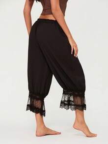 Womens Cropped Pants Loose Mid Rise Patchwork Lace Lantern Trousers Casual Streetwear - Black - View 7