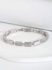 一套奢华优雅的镶嵌立方氧化锆长方形手链，适合女士婚礼派对佩戴，不含礼盒 - 銀色 - 查看 4