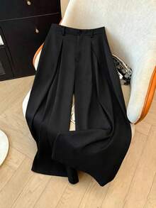 Women's Black Woven Wide Leg Long Suit Pants, With Pockets, Non-Stretch - Black - View 3