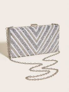 Diamond & Pearl V-Shaped Evening Clutch Box-Shaped Bag For Attending Balls & Parties, Luxury Women's Handbag, Socialite Hand Bag, Crossbody Chain Shoulder Bag, Fashionable & Versatile - Silver - View 7