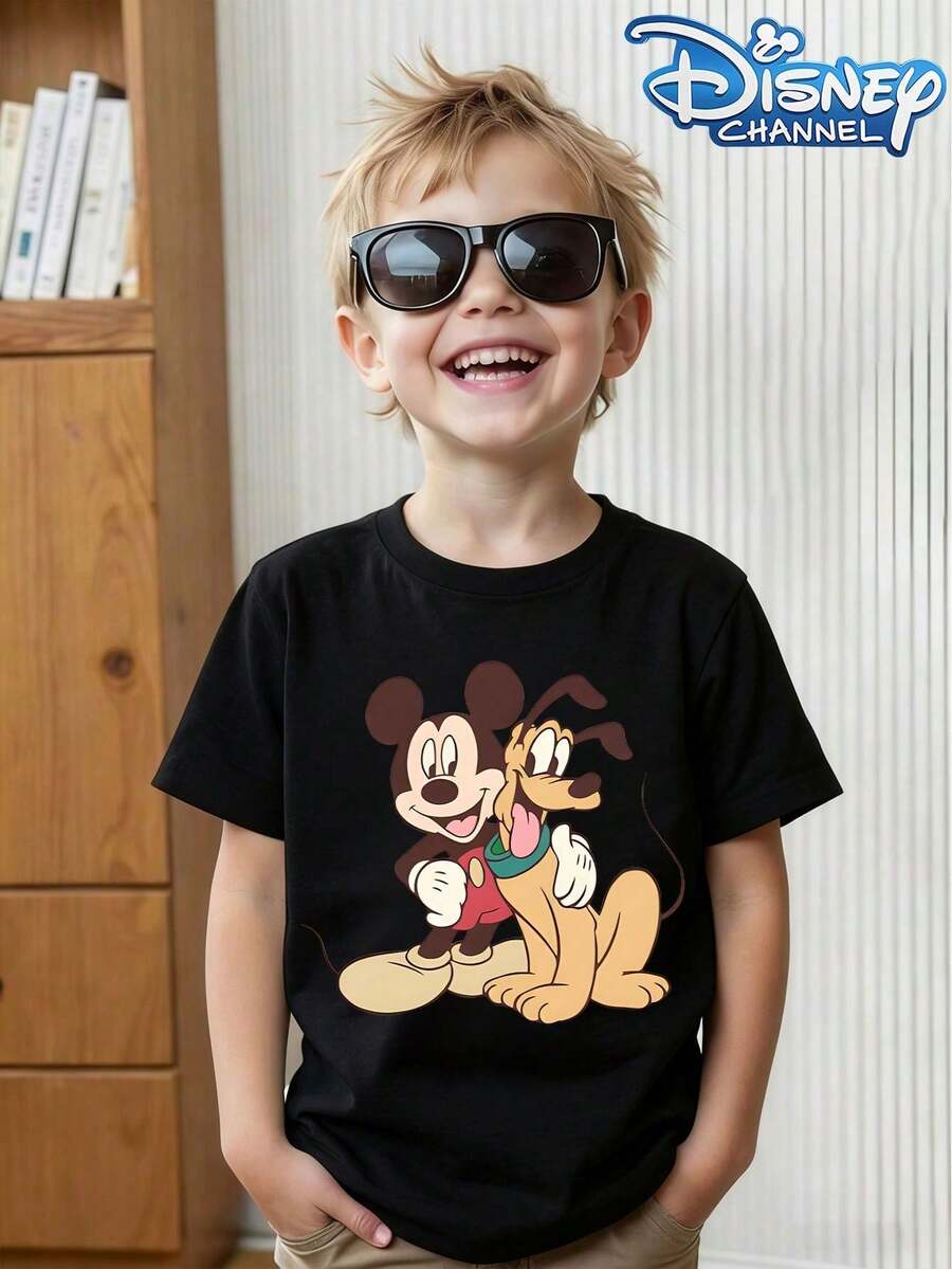 1pc Disney Mickey Mouse & Pluto Playful Buddies Graphic Tween Boys Cute Casual T-Shirt, Soft & Breathable, Ideal For Daily Wear & Playdates - Black - View 1