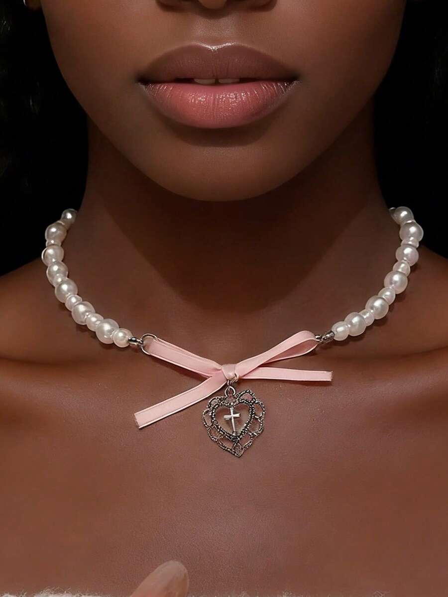 Elegant Faux Pearl Bow Necklace Romantic Heart Bowknot Pendant Choker Necklace For Women Cocktail Party Prom Costume Jewelry Or Girlfriend Valentine's Day Or Friends Mother's Gifts - Pink - View 1
