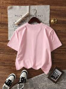 1pc Women's Summer Round Neck Short Sleeve T-Shirt, Dragonfly, Maple Leaf, Coffee Cup, English Letter Print, Elegant Street Style Loose Casual Versatile Tee - Pink - View 5