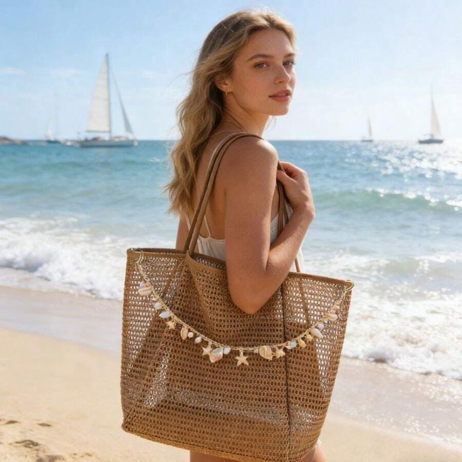 Oversized Crochet Mesh Beach Tote | Khaki & Beige Two-Tone Boho Bag | Jumbo Shell Accent Straw Bag - 卡其色 - 查看 1