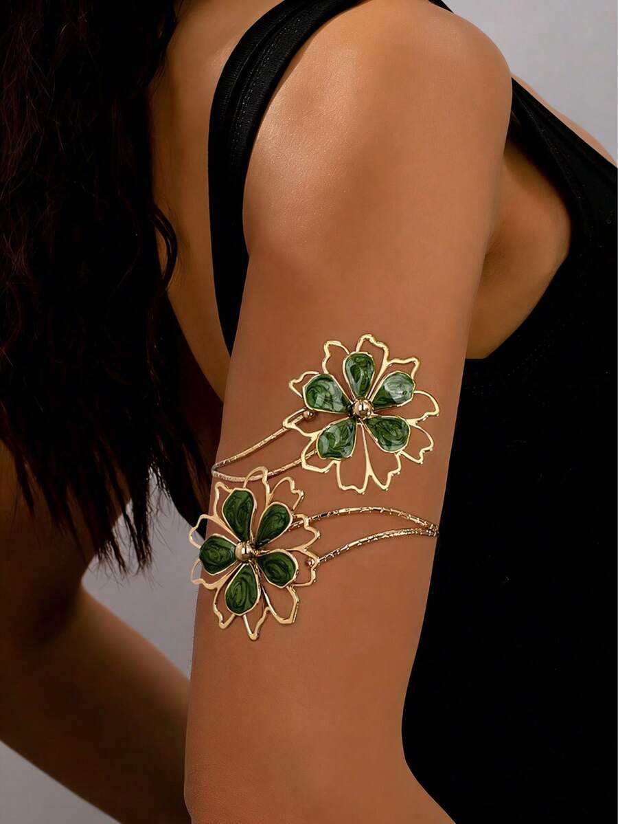 1pc Fashionable Classic High-End Green Enamel Floral Bracelet, Suitable For Party, Daily Outfit, Date, Wedding, French Elegant Versatile New Jewelry Bracelet - Armband - View 1