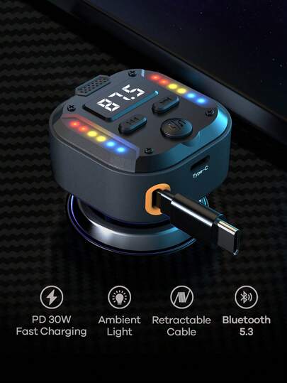 REMAX Bluetooth Car Charger With RGB Lights & 27.5" Retractable Cable; PD 30W Fast Charging; BT 5.3 For Hands-Free Call/Music; Auto Reconnect; Type-C Charger Compatible With Apple/Android; Car Accessories; Car Stuff; Car Essential For Travel