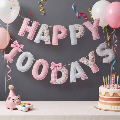 3D毛毡“快乐100天”悬挂旗帜，派对装饰蝴蝶结花环墙面背景