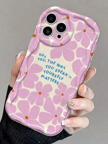 1pc Refreshing Floral & Positive Slogan Pattern Cream Asymmetrical Wavy Edge Unique Soft Phone Case Compatible With IPhone 11/12/13/14/15/16/17 Pro Max - Multicolor - View 2