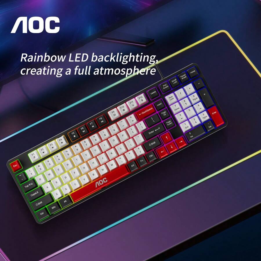 AOC RGB Rainbow Backlit Mechanical Feeling Keyboard, 102 Keys, Laser Engraved Characters, 26-Key Anti-Ghosting, Splash-Resistant, Suitable For Office And Gaming - Multicolor - View 1