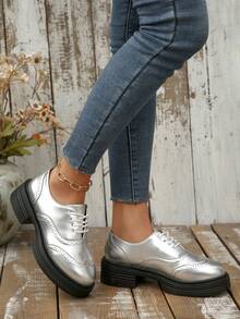 Women's Fashion Brogues, Versatile Platform Casual Shoes, Stylish Footwear - Silver - View 5