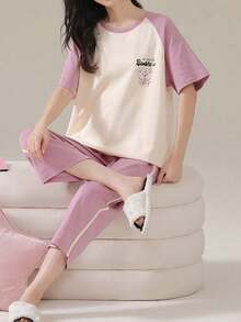 AICJ Bộ 2 món đồ mặc nhà nữ màu trơn tay raglan, quà tặng Ngày của Mẹ, áo ngủ cổ tròn in hình gấu hoạt hình và quần short kẻ caro, thích hợp cho mùa xuân/hè. - Màu tím hoa cà - Xem 5