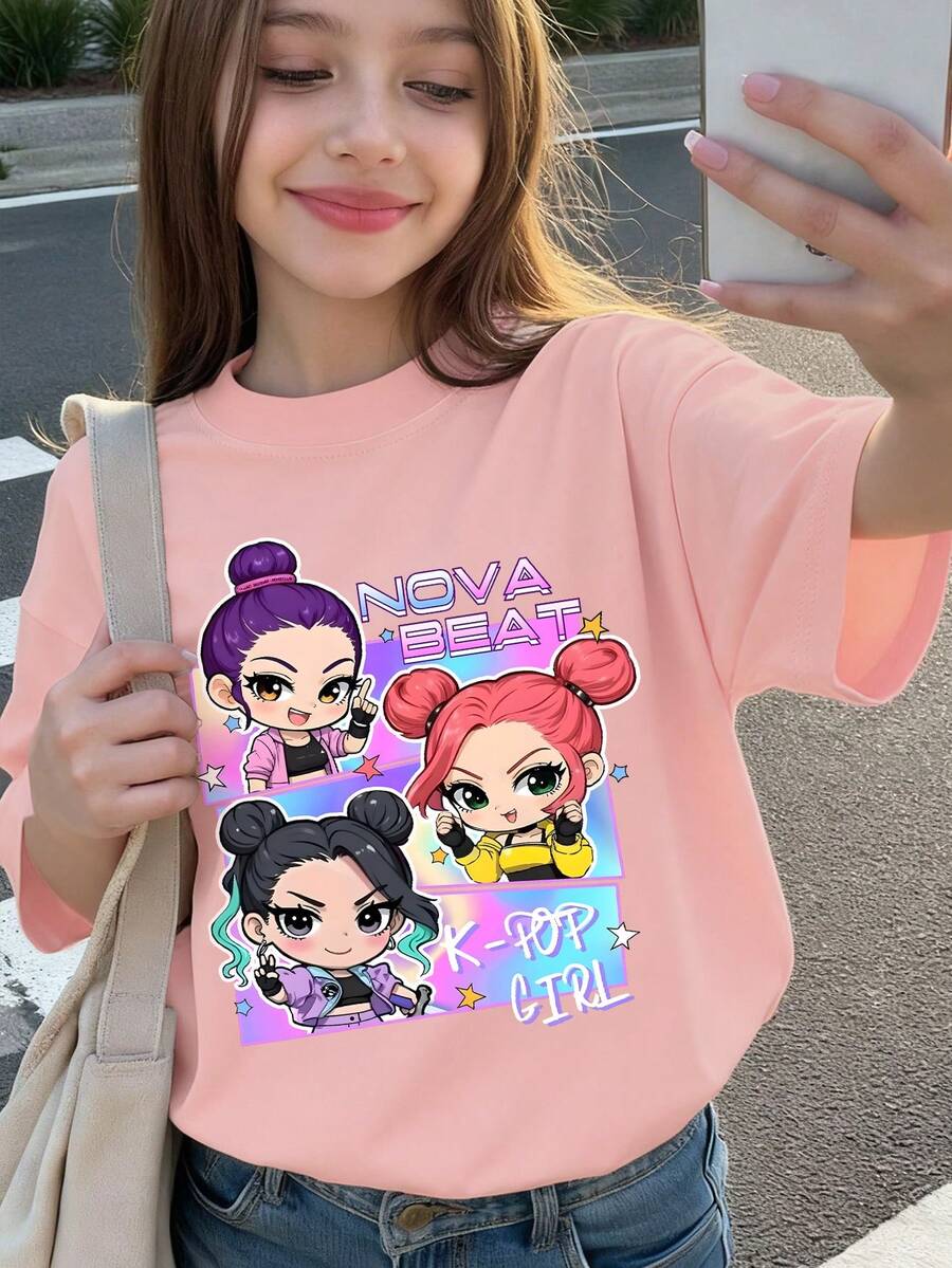 1 pieza Camiseta de manga corta holgada con estilo de grupo de chicas coreanas, adecuada para el uso diario en la escuela en primavera/verano - Rosa - Ver 1