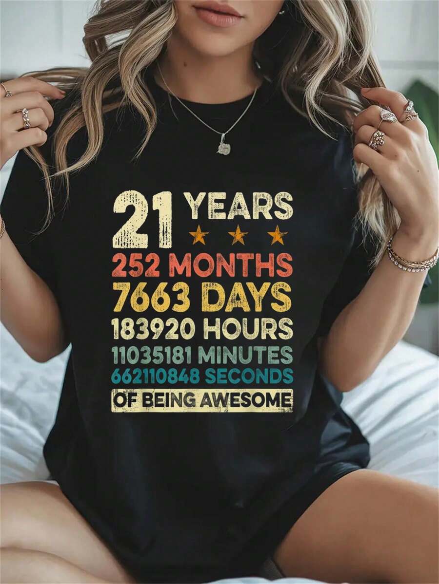 100% Cotton Vintage 21st Birthday Gift 21 Years Old 252 Months T-Shirt Graphic Tee Summer Tops For Women Round Neck Fashion Shirts Comfort Shirt - Black - View 1