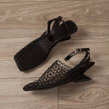 女士酒红色尖头蝴蝶结高跟鞋，镂空露趾细高跟鞋，优雅露跟凉鞋，透气舒适派对高跟鞋 - 黑色 - 查看 6