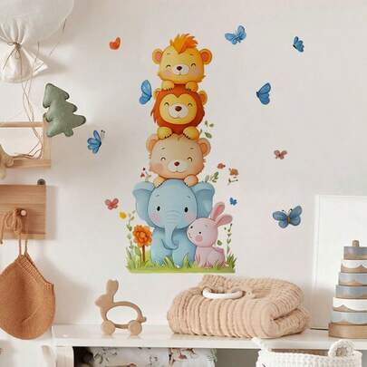 Cute Animals Stacked High Wall Stickers For Living Room, Bedroom, Door, Elephant, Lion, Monkey, Home Decoration Art Wall Decal