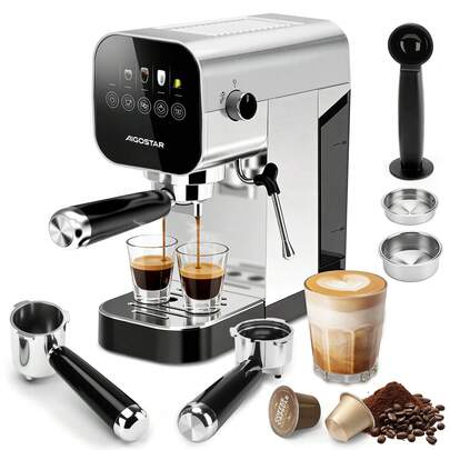 Espresso Siebträgermaschine, Kompatibel mit Kapseln und Gemahlenem Kaffee, 20 Bar, Digitales Touchpanel, 1/2 Tassen, Espressomaschine mit Milchaufschäumer, 0,9L, 1350 W, Edelstahl