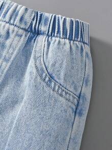 1件女婴宽松直筒休闲碎花弹力腰时尚牛仔裤 - 淺色水洗藍 - 查看 4