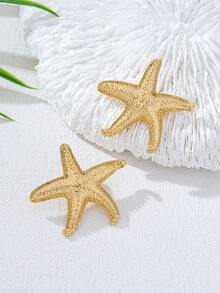 1 par de pendientes de botón minimalistas y versátiles con estrella de mar exagerada - Amarillo Oro - Ver 3