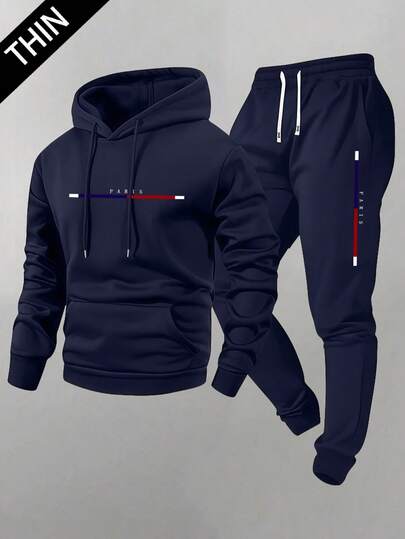 Conjunto de sudadera con capucha y pantalones de chándal ligero de primavera/verano con estampado de la letra de París, ropa casual de moda para hombres con bolsillos, pantalones con cordón en la cintura, adecuado para clima fresco, regalo para esposo o novio