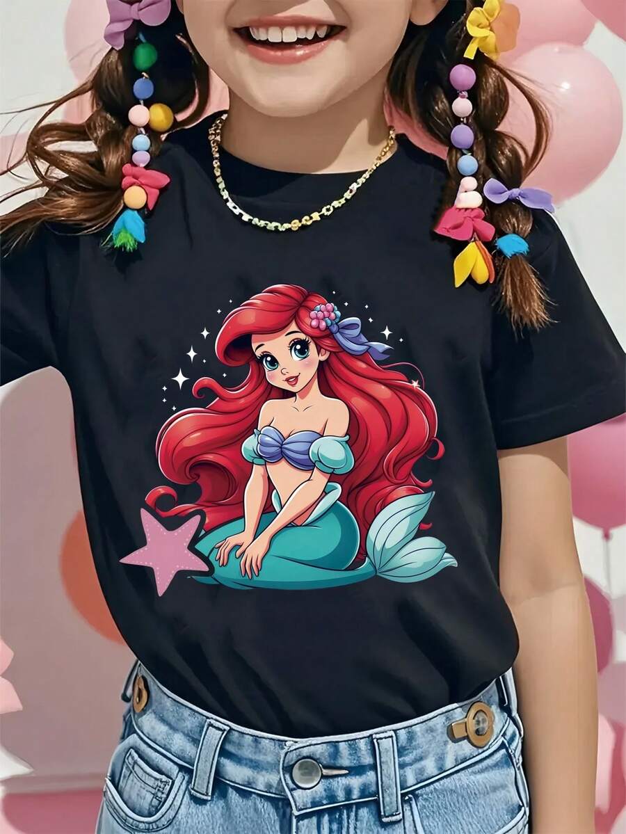 Disney Ariel Mermaid Printed Pattern T-Shirts For Girls - Children's Clothing Design Short-Sleeved Casual And Cute Style Comfortable And Casual Wear All Year Round Suitable For Parties And Play Machine Washable Gift Children's Clothing Girls' Short-Sleeved Shirts - màu đen - Xem 1