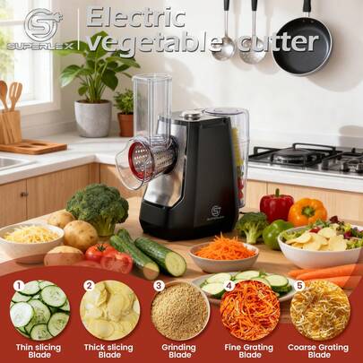 SUPERLEX 5-In-1 Electric Salad Maker, Integrating Salad Grater, Cheese Rotating Grater, Vegetable Slicer, Vegetable Chopper, Carrot Grater, Nut Grinder, And Cabbage Shredder. Equipped With 5 Replaceable Roller Stainless Steel Blades And A Strong Suction Cup Base. An Easy-To-Clean Kitchen Gadget With A Storage Box, Suitable For Kitchens And Apartments. Applicable To Fruits, Vegetables, Cheese, Biscuits And Other Ingredients.