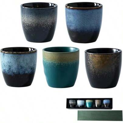 طقم أكواب سيراميك للشاي والقهوة والإسبريسو بنمط صيني كونج فو للمنزل والمكتب والأماكن الخارجية من 5 قطع