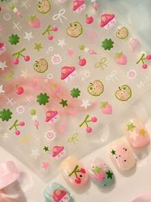1pc Cute Mushroom Green Apple Strawberry Cartoon Jelly Fruit Star Bow Nail Art Stickers 5D Whimsical Kawaii Nail Decals Self-Adhesive Manicure Accents For Girls - Multicolor - View 5