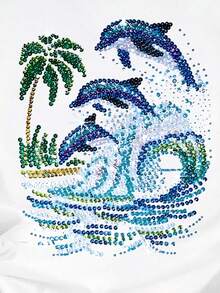 Plus Size Short Sleeve Round Neck Dolphin Print Tee High Stretch Regular Fit T-Shirt Casual Vacation White Summer - White - View 3