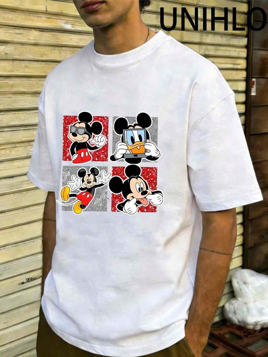 Disney UNIHLO  Street Life Men's Casual Loose   Mickey    Cartoon  Print Short Sleeve T-ShirtSummer - 白色 - 查看 1