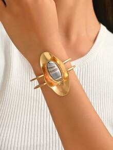 1pc Fashionable Casual Geometric Open Bangle Bracelet, Suitable For Mother's Day, Party, Vacation, Holiday, Everyday Casual Wear - Yellow Gold - View 7