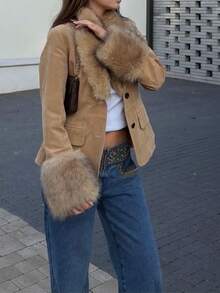 Blazer de terciopelo y piel sintética minimalista de estilo europeo y americano, nueva colección de otoño/invierno de Seelio - Marrón claro - Ver 1