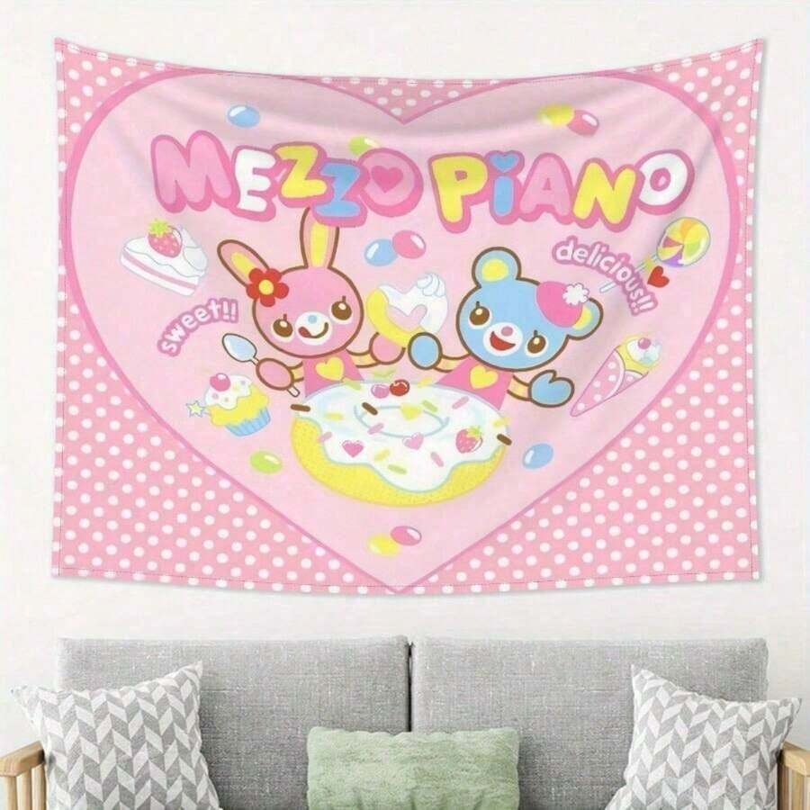 Cute Piano Tapestry - Whimsical Pink Heart-Shaped Design, Adorable Rabbit And Bear Illustrations, Lightweight Polyester Fabric, Perfect For Bedroom And Living Room Decoration, Suitable For Both Indoor And Outdoor Use. Bedroom Wall Art, Fun Room Decoration, Durable Wall Fabric, Cute Room Decoration - A - Xem 1