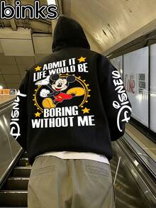 Disney Binks (Double-Sided Printing): Mickey Mouse Element Printed Hooded Sweatshirt, High Street  Brand Loose Fitting Pullover, Autumn And Winter Fashionable Versatile Top, Holiday Gift - màu đen - Xem 1