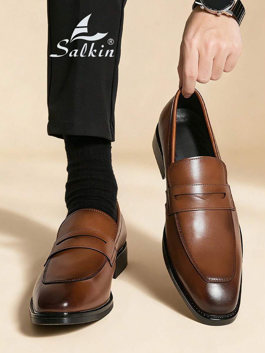 Salkin 奢华复古男士便士乐福鞋,优雅绅士社交真皮鞋,价格亲民,尽显高端质感,套脚设计,纯色,柔软舒适,轻便休闲,适合日常穿着,简约商务正装鞋,适合搭配西装、办公、派对、婚礼、新郎装、宴会、约会、节日礼物,春秋季穿着皆宜。尺码偏小,建议选购大一码。 - 棕色 - 查看 1