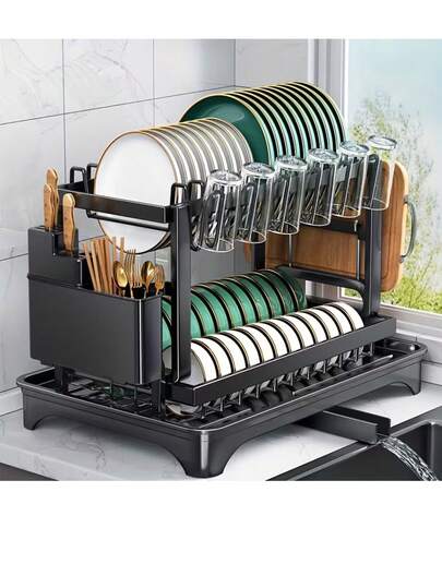 Multifunctional Tableware Bowls And Plates Large-Capacity Dish Rack With Draining Board - Rust-Proof Metal Kitchen Essential Storage Rack Double Layer. Equipped With 360° Rotating Water Outlet. Can Store Cups, Plates, And Tableware. Space-Saving Design, Perfect For Apartment-Dwelling Women. Valentine's Day Gift Choice