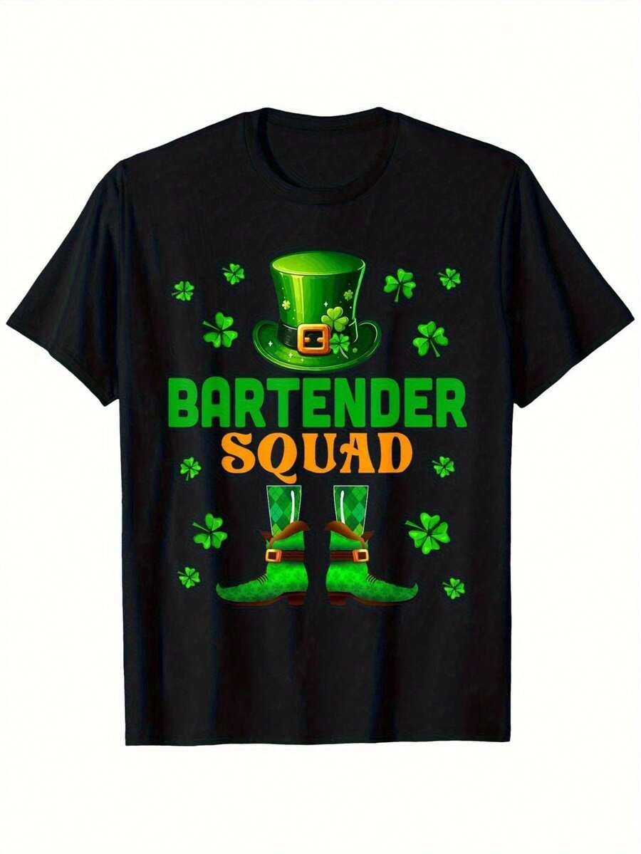 Funny Bartender Squad St. Patrick's Day T-Shirt Short Sleeve Letter Printed Tops Fashion Graphic Shirts - Black - View 1