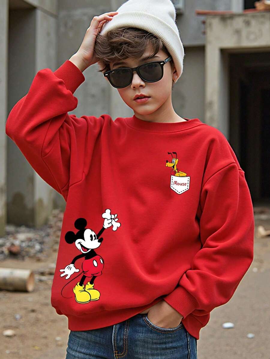 1pc Disney Mickey Mouse & Pluto Tween Boys Fun Sweatshirt With Playful Character & Pocket Prints - Comfortable Lightweight, Daily-Fit For School Days & Casual Hangouts - 紅色 - 查看 1